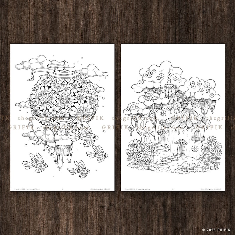 May include: Two black and white coloring pages. The first page features a hot air balloon made of flowers with fish flying around it. The second page features a whimsical tree house with a flower garden.