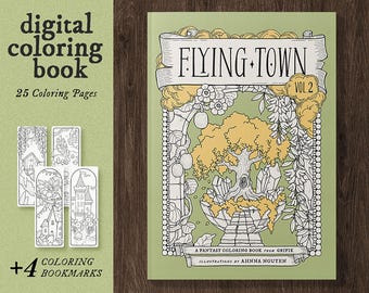FLYING TOWN Vol. 2, Libro da colorare fantasy, Download digitale, PDF stampabile, Pagine da colorare con fate