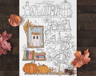 Printable Halloween Coloring Pages, Digital Autumn Coloring Page, Downloadable Coloring Sheet, Instant Download