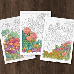 Coloriages Jardin fantaisiste au fil des saisons : art fantastique, lot de 3 (téléchargement instantané)