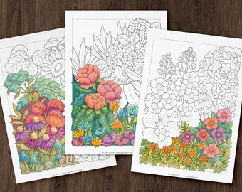Whimsy Garden Through the Seasons Coloring Pages: Fantasy Art, Set of 3 (Instant Download)