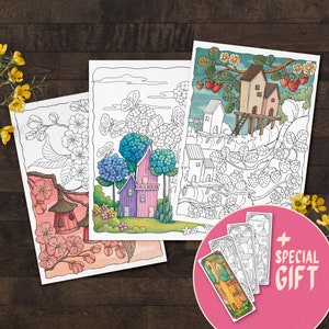 Páginas para colorir de primavera para impressão, conjunto de 3 páginas para colorir para adultos, folhas para colorir digitais, download instantâneo