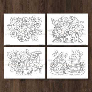 May include: Four black and white coloring pages featuring whimsical illustrations of a strawberry house, a cherry tree, a watermelon cake, and a house made of grapes.