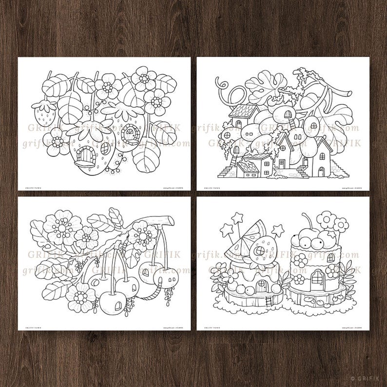 May include: Four black and white coloring pages featuring whimsical illustrations of a strawberry house, a cherry tree, a watermelon cake, and a house made of grapes.