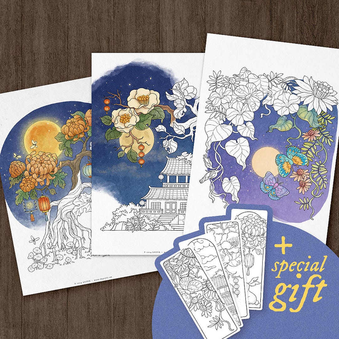 Printable Coloring Pages - FULL MOON, Set of 3 Fantasy Coloring Pages ...