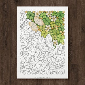 May include: A detailed illustration featuring two butterflies and a floral pattern. One butterfly is colored with tan and cream hues, while the other is an outline. The floral design includes green clovers, yellow flowers, and white flowers. The artwork is on a white paper.