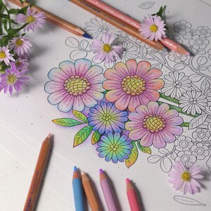 May include: A coloring book page with a bouquet of colorful flowers. The flowers are pink, purple, and blue. The page is surrounded by pencils.