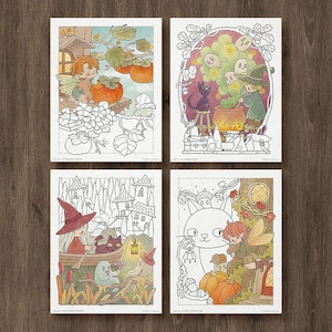 May include: Four rectangular art prints featuring whimsical illustrations. One shows a fairy with persimmons, another a witch brewing a potion with a black cat, a third a witch in a boat with ghosts, and the fourth a fairy with a large cat and pumpkins.