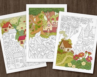 Relaxing Fantasy Homes Coloring Pages: Fantasy Art, Set of 3 (Instant Download)