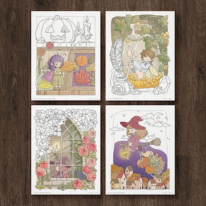 May include: Four rectangular art prints featuring illustrated scenes. Top left: a character with purple hair holding a leaf near a pumpkin. Top right: a character inside a glass bottle with ivy and a feather. Bottom left: a window with roses and a bird. Bottom right: a character on a broomstick flying over a village.