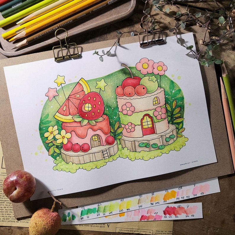 FRUITY TOWN, Fantasy Coloring Book, Digital Download, Printable Pdf Coloring Pages image 4