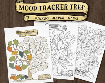 May include: Three printable mood tracker sheets featuring tree outlines. The trees are labeled "Ginkgo", "Maple", and "Olive". Each sheet has a calendar and numbered leaves for tracking moods.