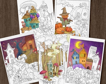 Digital Coloring Page - SPOOKY TOWNS, Set of 5 Pages, Adult Fantasy Coloring Pages, Instant Download