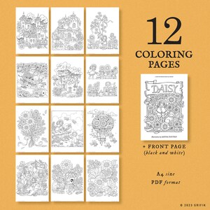 May include: A set of 12 coloring pages featuring black and white illustrations of whimsical scenes with flowers, houses, and other details. The cover page features the title "DAISY" and an illustration of a girl with flowers. The pages are in A4 size PDF format.