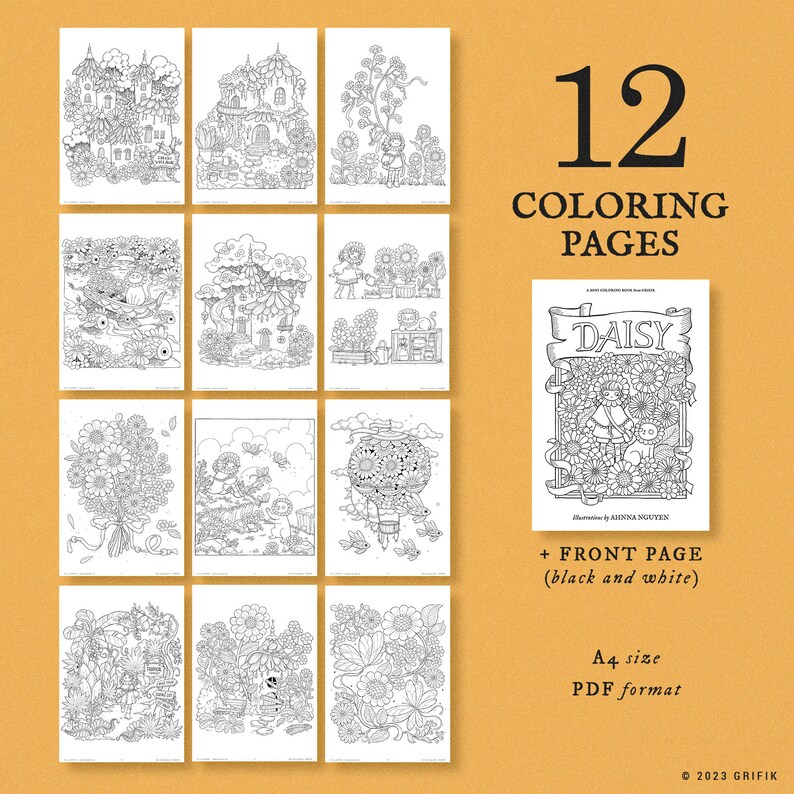 May include: A set of 12 coloring pages featuring black and white illustrations of whimsical scenes with flowers, houses, and other details. The cover page features the title "DAISY" and an illustration of a girl with flowers. The pages are in A4 size PDF format.