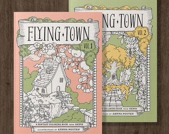 FLYING TOWN Vol.1 + 2, Libri da colorare fantasy, Download digitale, PDF stampabile, Pagine da colorare di fate