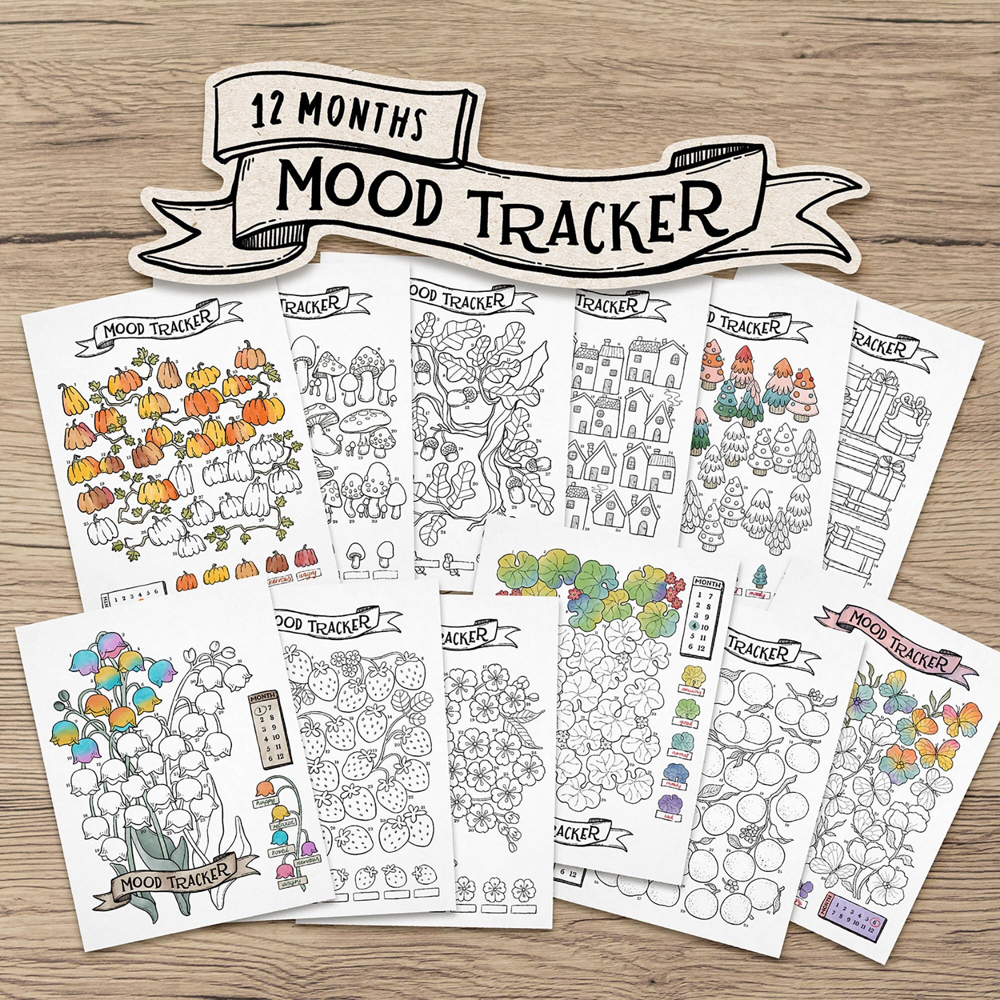 Digital Mood Tracker for Bullet Journal, Set of 12 Months Printable ...