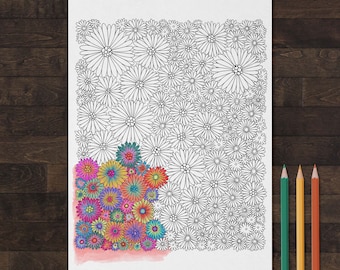 Pagina da colorare stampabile con motivo floreale, foglio da colorare floreale digitale, download istantaneo