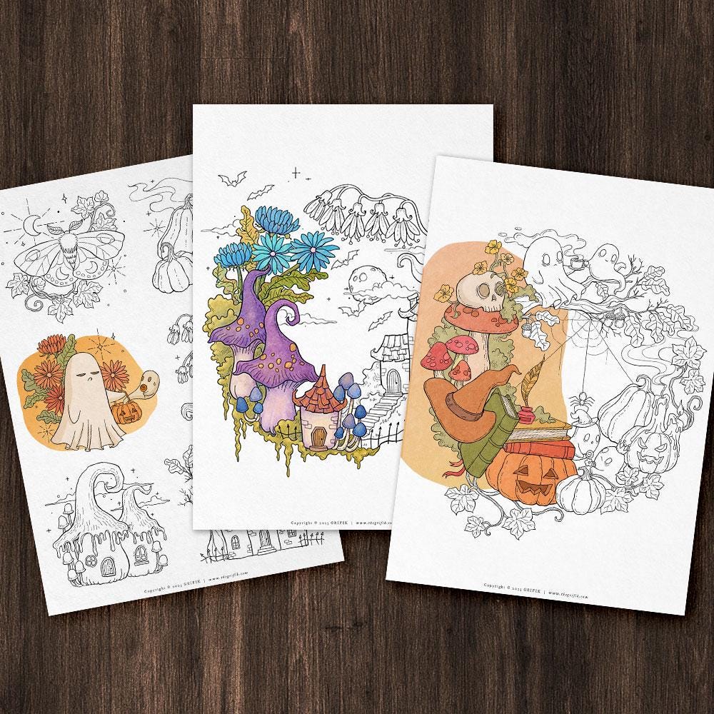 Digital Coloring Page - SPOOKY WREATHS, Set of 3 Pages, Adult Fantasy Coloring Pages, Instant Download