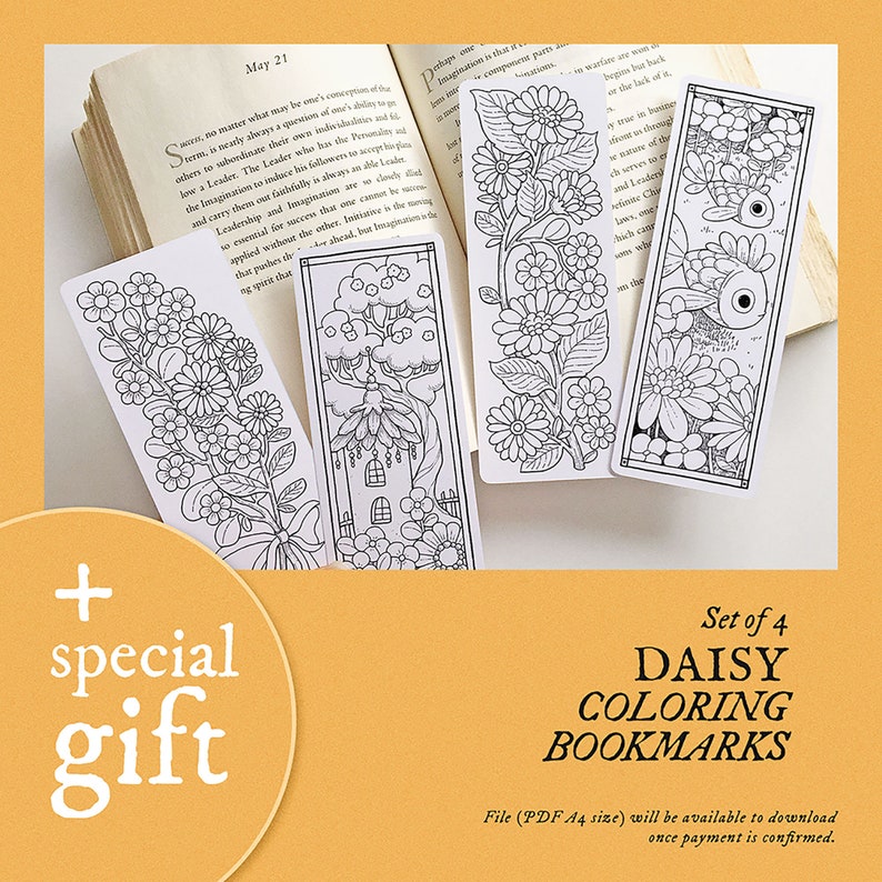 May include: Set of four printable daisy coloring bookmarks. Each bookmark features a different daisy design, including a house, a bird, and a bouquet of flowers. The bookmarks are black and white and ready to be colored.