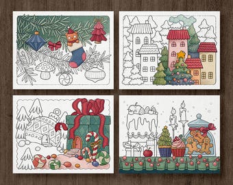 May include: Four Christmas-themed coloring cards. Each card features a different festive scene: a decorated Christmas tree, a snow-covered village, a gift box with candy canes, and a table with desserts and gingerbread men. The cards are on a wooden surface.