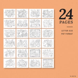 May include: A set of 24 printable coloring pages featuring fruit and floral designs. Each page is letter size and in PDF format.