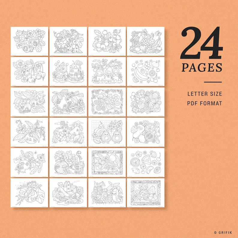 May include: A set of 24 printable coloring pages featuring fruit and floral designs. Each page is letter size and in PDF format.