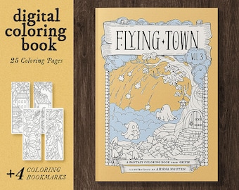 FLYING TOWN Vol.3, Fantasy Coloring Book, Digital Download, Fairy Coloring Pages