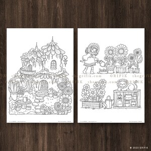 May include: A black and white coloring page featuring a whimsical house with a garden and a girl watering flowers. The house has a balcony, a door, and a window. The garden has flowers, a table, and chairs. The girl is wearing a dress and a hat. The coloring page is perfect for kids and adults who enjoy coloring.