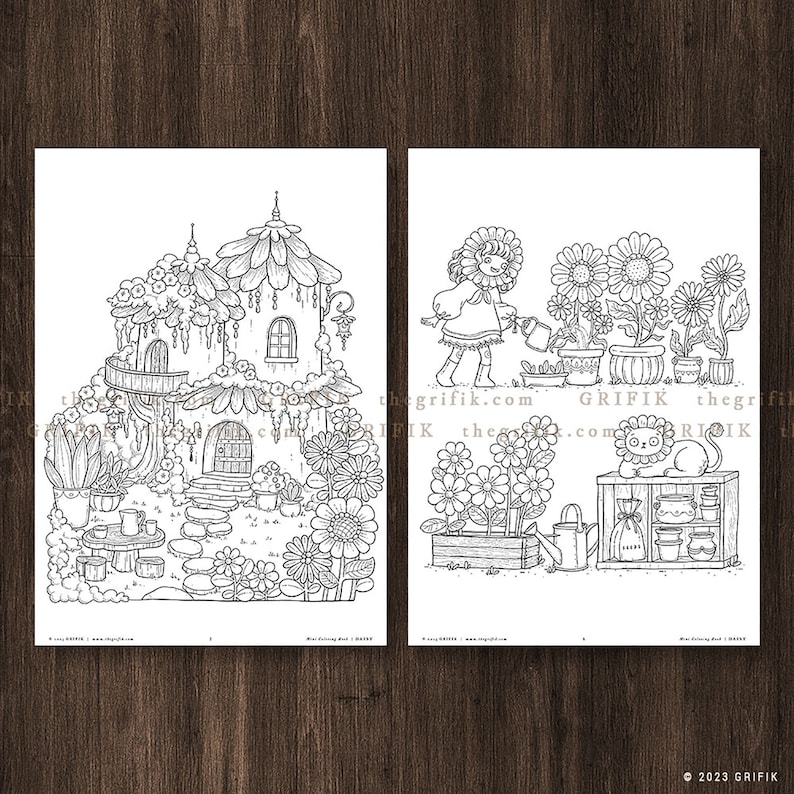 May include: A black and white coloring page featuring a whimsical house with a garden and a girl watering flowers. The house has a balcony, a door, and a window. The garden has flowers, a table, and chairs. The girl is wearing a dress and a hat. The coloring page is perfect for kids and adults who enjoy coloring.