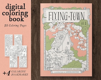 FLYING TOWN Vol.1, Fantasy Coloring Book, Digital Download, Printable Pdf, Fairy Coloring Pages