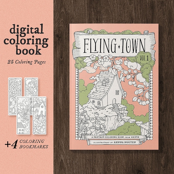 FLYING TOWN Vol.1, Fantasy Coloring Book, Digital Download, Printable Pdf, Fairy Coloring Pages