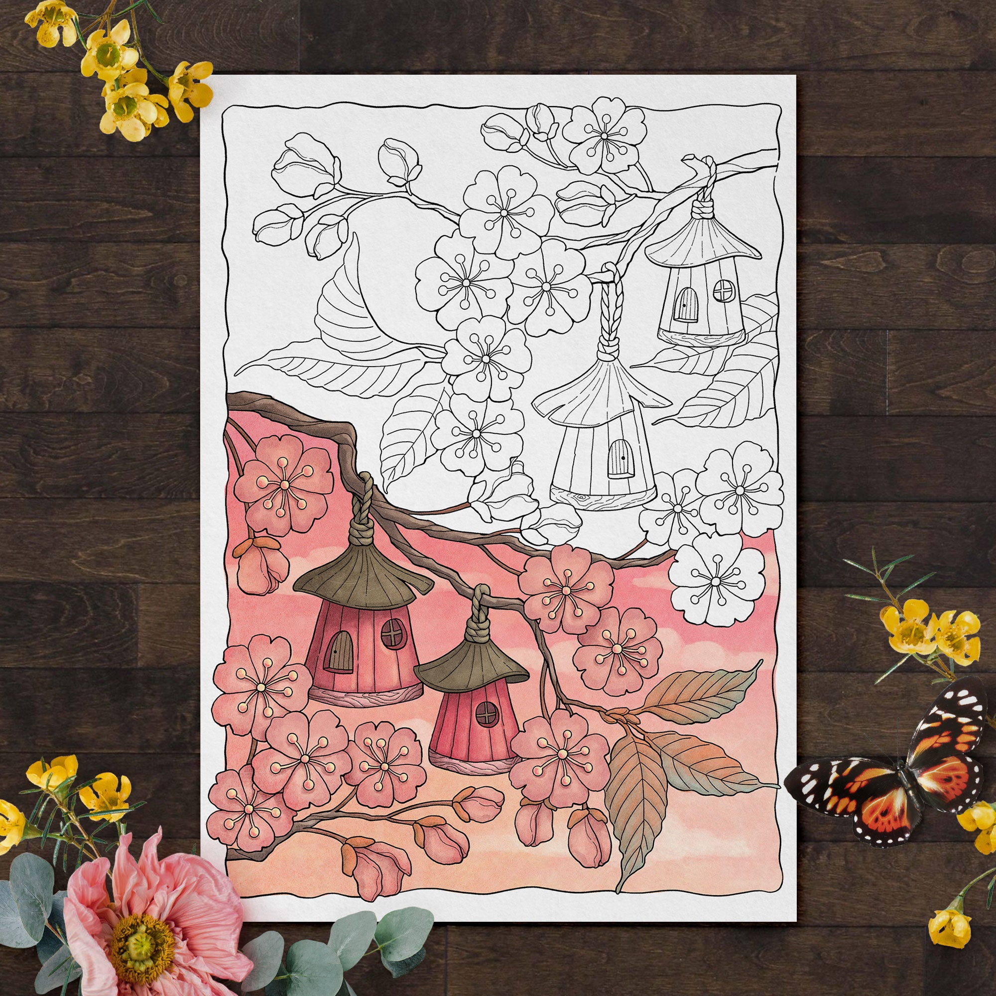 Spring Coloring Page CHERRY BLOSSOM Printable Adult - Etsy