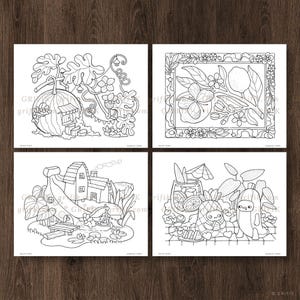 May include: Four black and white coloring pages featuring fruit-themed illustrations. The first page shows a watermelon house with vines and leaves. The second page shows a lemon tree with flowers and leaves. The third page shows a banana house with a pond and lily pads. The fourth page shows a pineapple and a banana with a glass of lemonade.