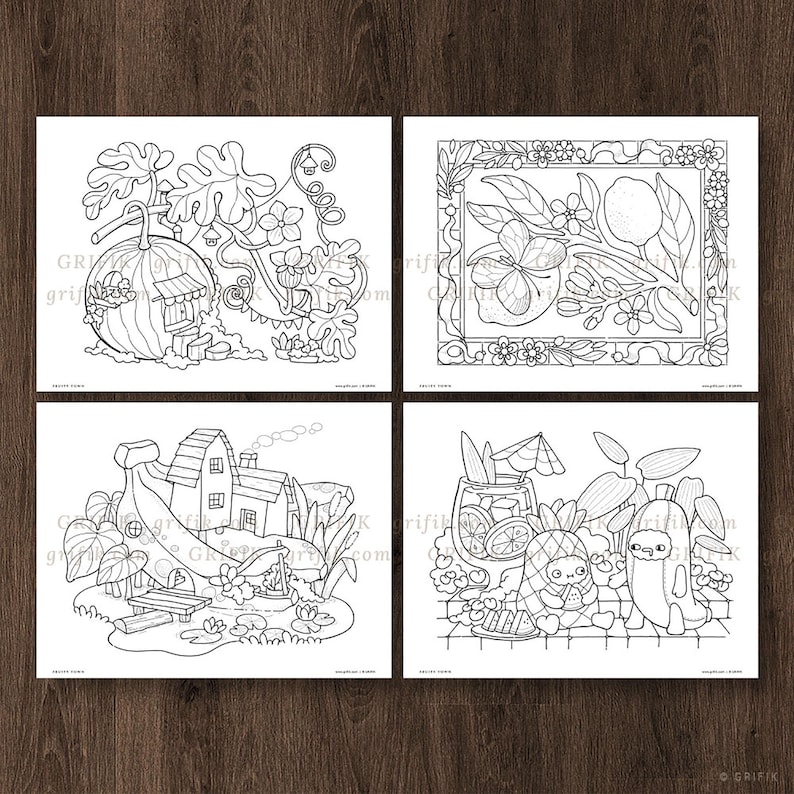 May include: Four black and white coloring pages featuring fruit-themed illustrations. The first page shows a watermelon house with vines and leaves. The second page shows a lemon tree with flowers and leaves. The third page shows a banana house with a pond and lily pads. The fourth page shows a pineapple and a banana with a glass of lemonade.