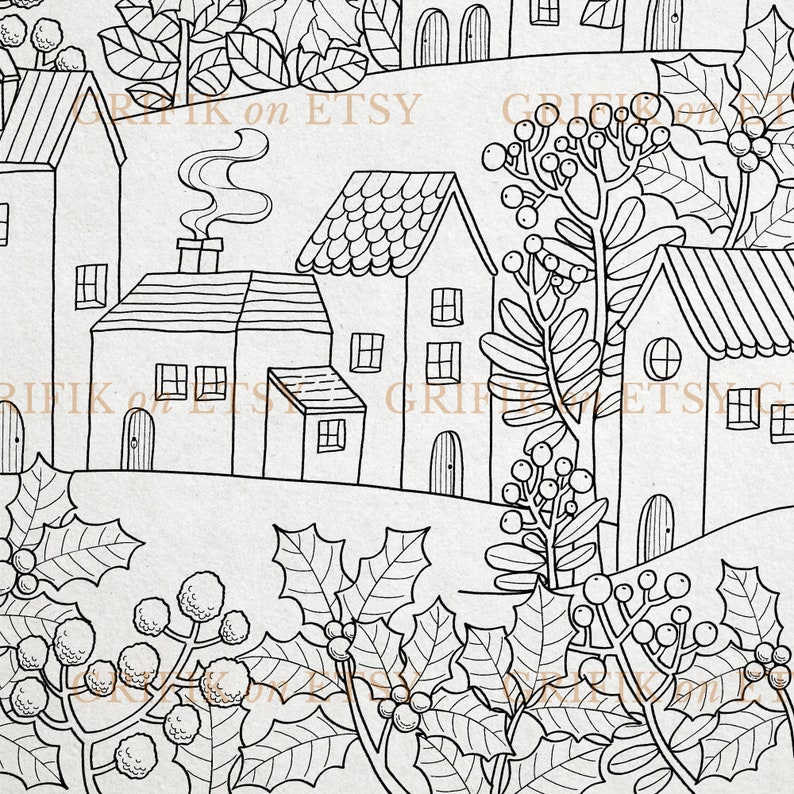 Printable Christmas Coloring Page Winter Village Digital - Etsy