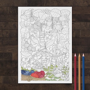 Printable Coloring Page, Berries Harvesting, Instant Download Coloring Sheet
