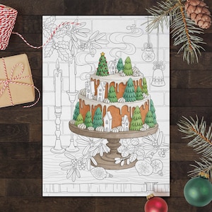 Printable Winter Coloring Page, Christmas Cake Coloring Page,  Digital Adult Coloring Sheet