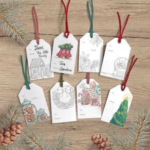 Etiquettes à imprimer pour cadeaux de Noël, lot de 8 étiquettes à colorier, décorations de Noël numériques