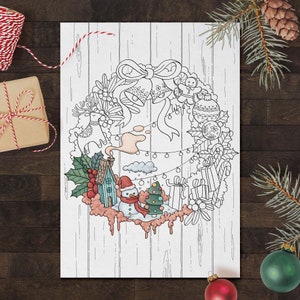 Printable Winter Coloring Page, Christmas Wreath Coloring Page,  Digital Coloring Sheet
