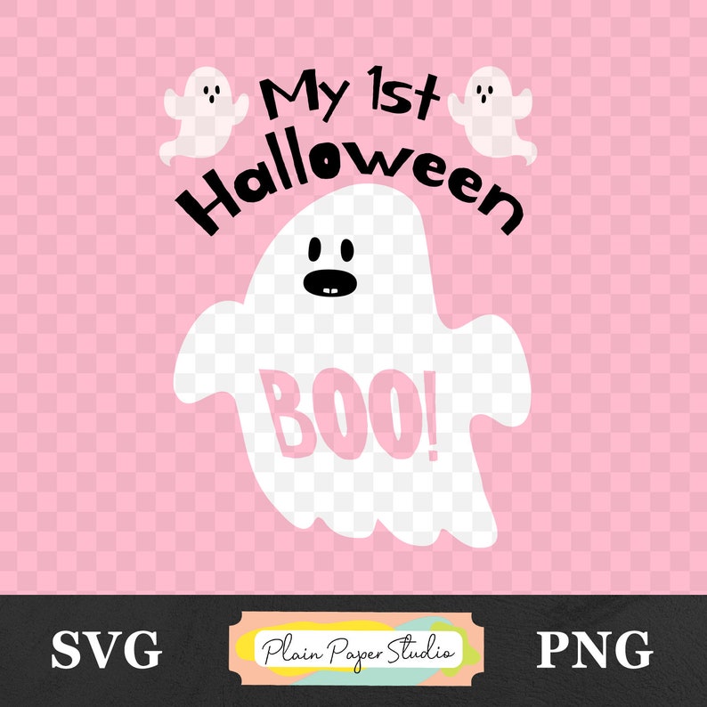 K&ouml;nnte beinhalten: Ein rosa Grafikdesign mit dem Text "My 1st Halloween" und einem wei&szlig;en Geist, der "BOO!" sagt. Zwei kleine wei&szlig;e Geister befinden sich &uuml;ber dem Hauptgeist. Das Bild enth&auml;lt auch die Texte "SVG" und "PNG".