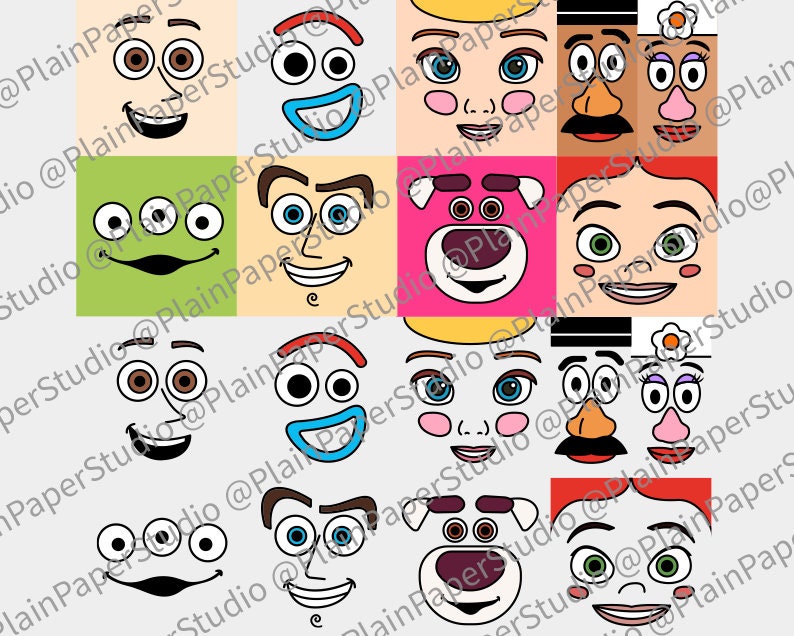Pu&ograve; includere: Una griglia di volti di personaggi dei cartoni animati, ciascuno all'interno di un quadrato colorato. I volti presentano varie espressioni e disegni, tra cui occhi, bocche e nasi. La tavolozza dei colori comprende beige, verde, rosa e rosso.