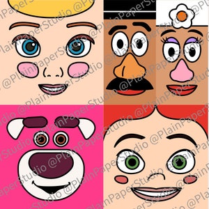 Pu&ograve; includere: Una grafica quadrata con quattro facce di personaggi dei cartoni animati. I volti includono un ragazzo biondo con gli occhi blu, un Mr. Potato Head, una Mrs. Potato Head e un personaggio rosa simile a un cane. I colori di sfondo variano.