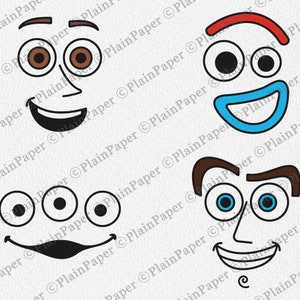 Pu&ograve; includere: Quattro disegni di volti di cartoni animati con espressioni diverse. Uno ha occhi e sopracciglia marroni, un sorriso nero e un naso. Un altro ha un sopracciglio rosso, occhi neri e un sorriso blu. Il terzo ha tre occhi neri e un sorriso nero.
