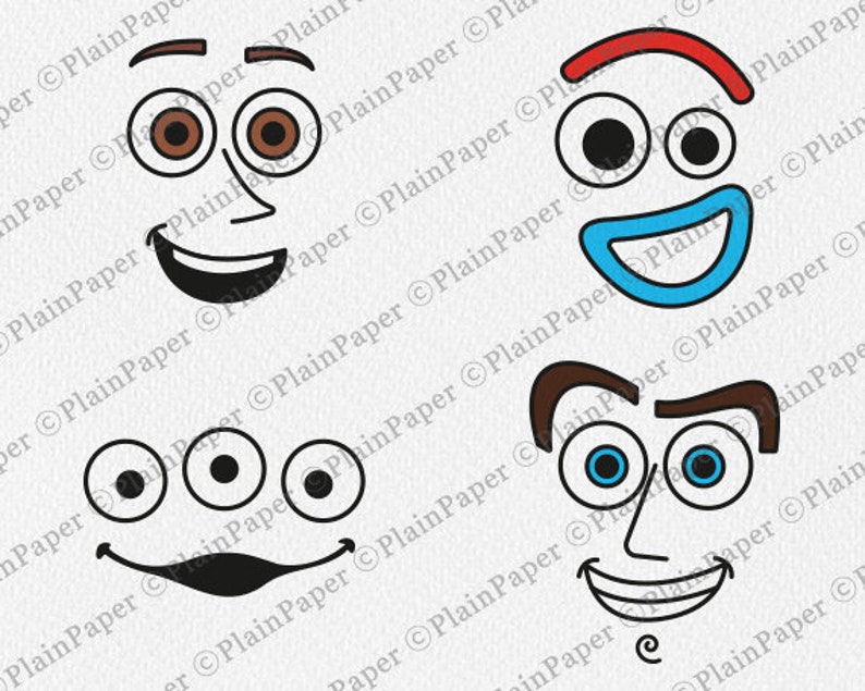 Pu&ograve; includere: Quattro disegni di volti di cartoni animati con espressioni diverse. Uno ha occhi e sopracciglia marroni, un sorriso nero e un naso. Un altro ha un sopracciglio rosso, occhi neri e un sorriso blu. Il terzo ha tre occhi neri e un sorriso nero.
