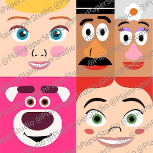 Pu&ograve; includere: Una grafica quadrata con quattro facce di personaggi dei cartoni animati. In alto a sinistra c'&egrave; una ragazza bionda con occhi blu e guance rosa. In alto a destra ci sono un uomo e una donna dalla pelle scura. In basso a sinistra c'&egrave; un orso rosa. In basso a destra c'&egrave; una ragazza dai capelli rossi.