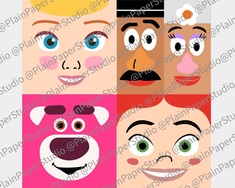 Pu&ograve; includere: Una grafica quadrata con quattro facce di personaggi dei cartoni animati. In alto a sinistra c'&egrave; una ragazza bionda con occhi blu e guance rosa. In alto a destra ci sono un uomo e una donna dalla pelle scura. In basso a sinistra c'&egrave; un orso rosa. In basso a destra c'&egrave; una ragazza dai capelli rossi.