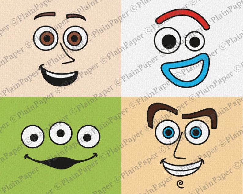 Pu&ograve; includere: Quattro disegni di volti di cartoni animati su sfondo chiaro. I volti includono un cowboy, una forchetta, un alieno e un personaggio con i baffi. Ogni volto ha un'espressione e una combinazione di colori uniche, perfette per lavori artigianali o decorazioni a tema.