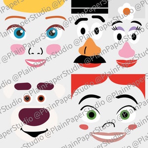 Pu&ograve; includere: Una collezione di elementi del viso di personaggi dei cartoni animati, tra cui occhi, nasi, bocche e capelli. I volti presentano una variet&agrave; di colori, tra cui blu, rosa, rosso e arancione. Ideale per l'arte digitale o progetti di artigianato.