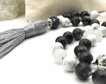 Mala Necklace 'I Am Safe & Protected' | Larvikite, Jade | Grey | Sterling Silver | Prayer Beads | Hand knotted | Yoga Gift | 108 Beads